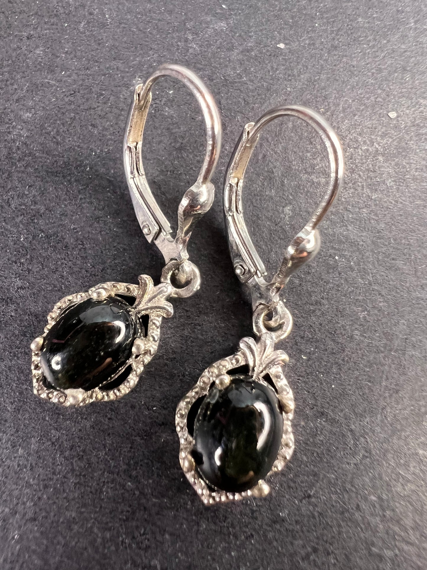 Black star sapphire sterling silver leverback earrings