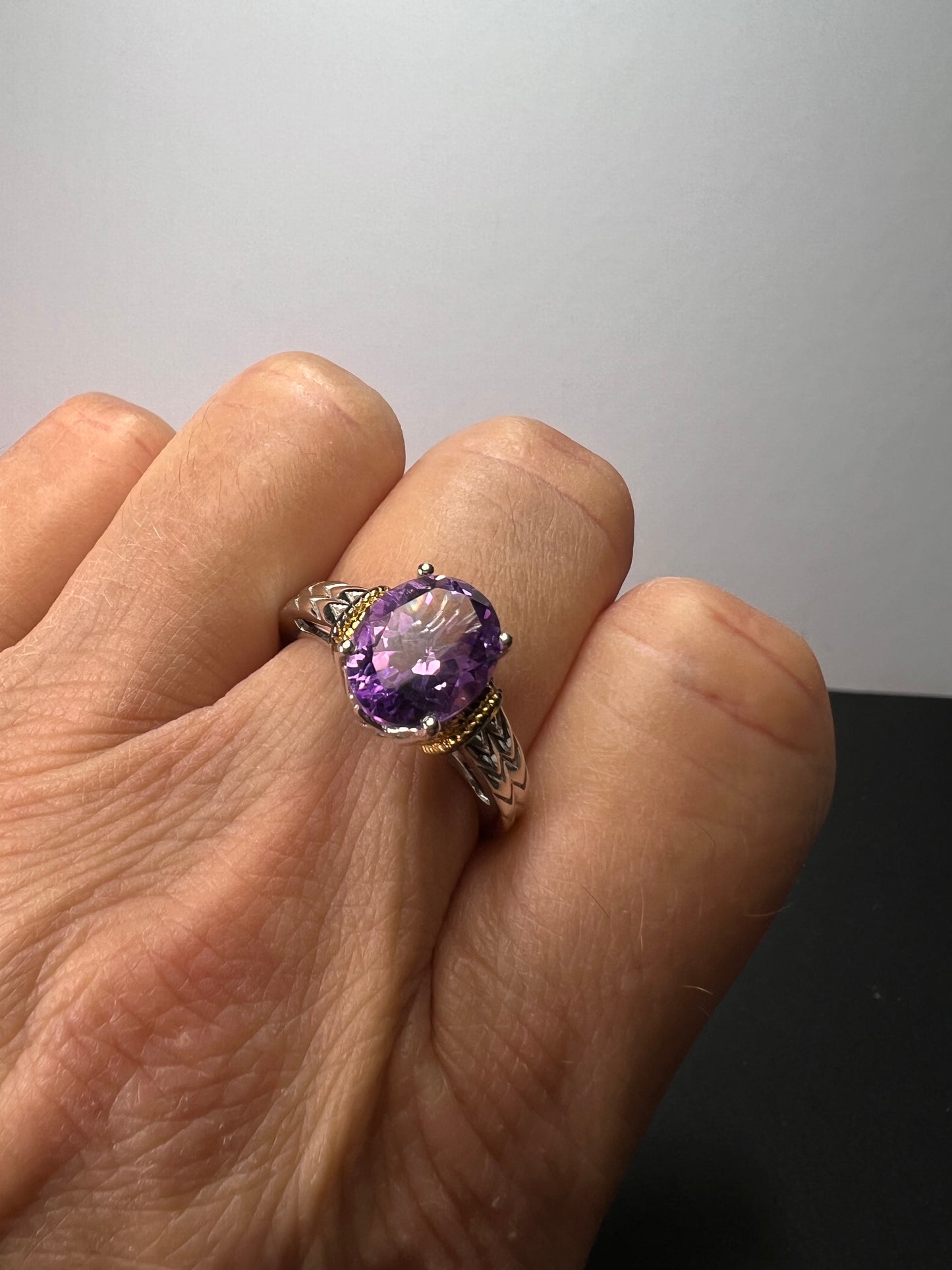 Amethyst solitaire two toned sterling silver ring size 9