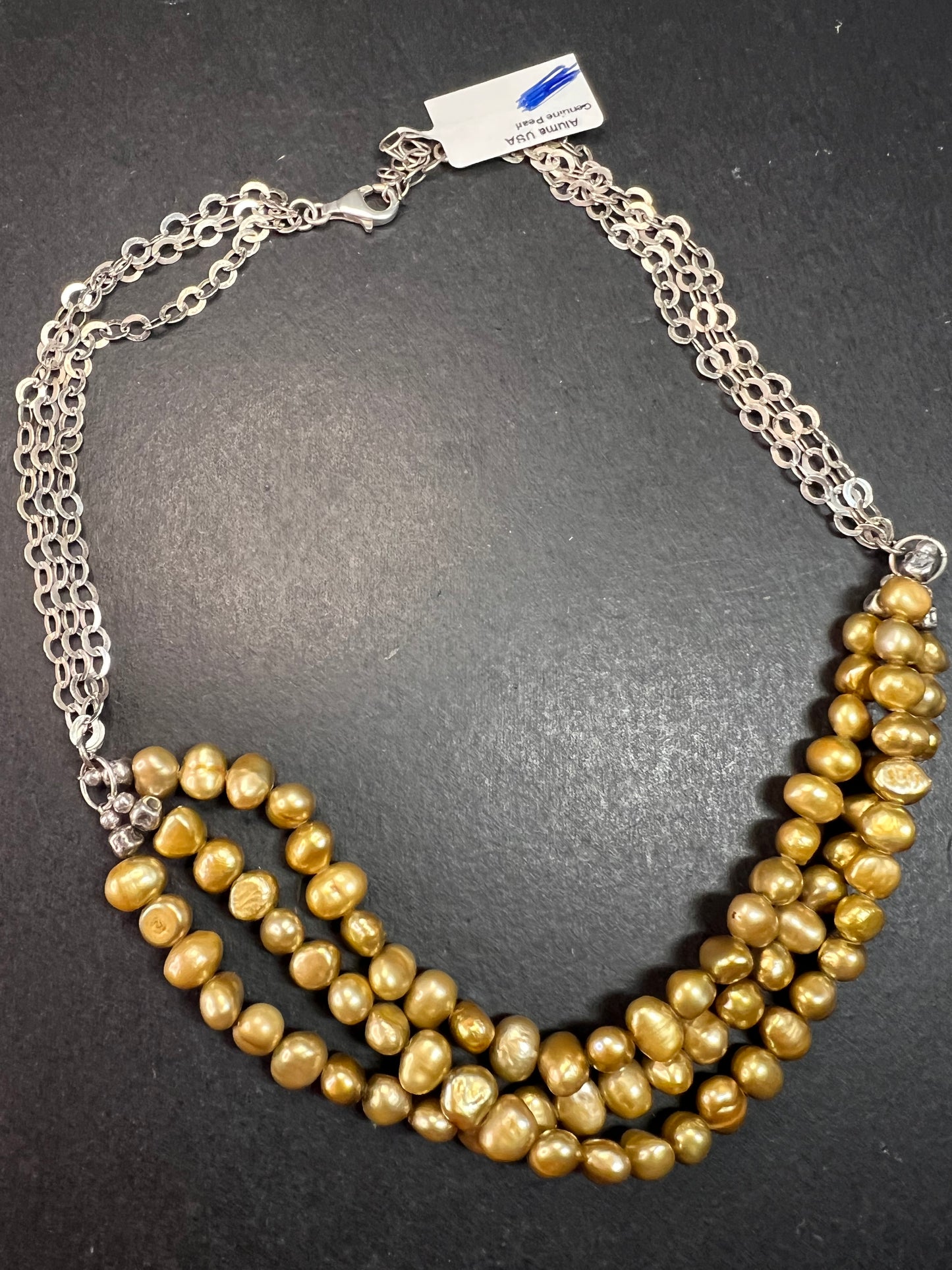 NEW golden green freshwater pearl and sterling silver necklace