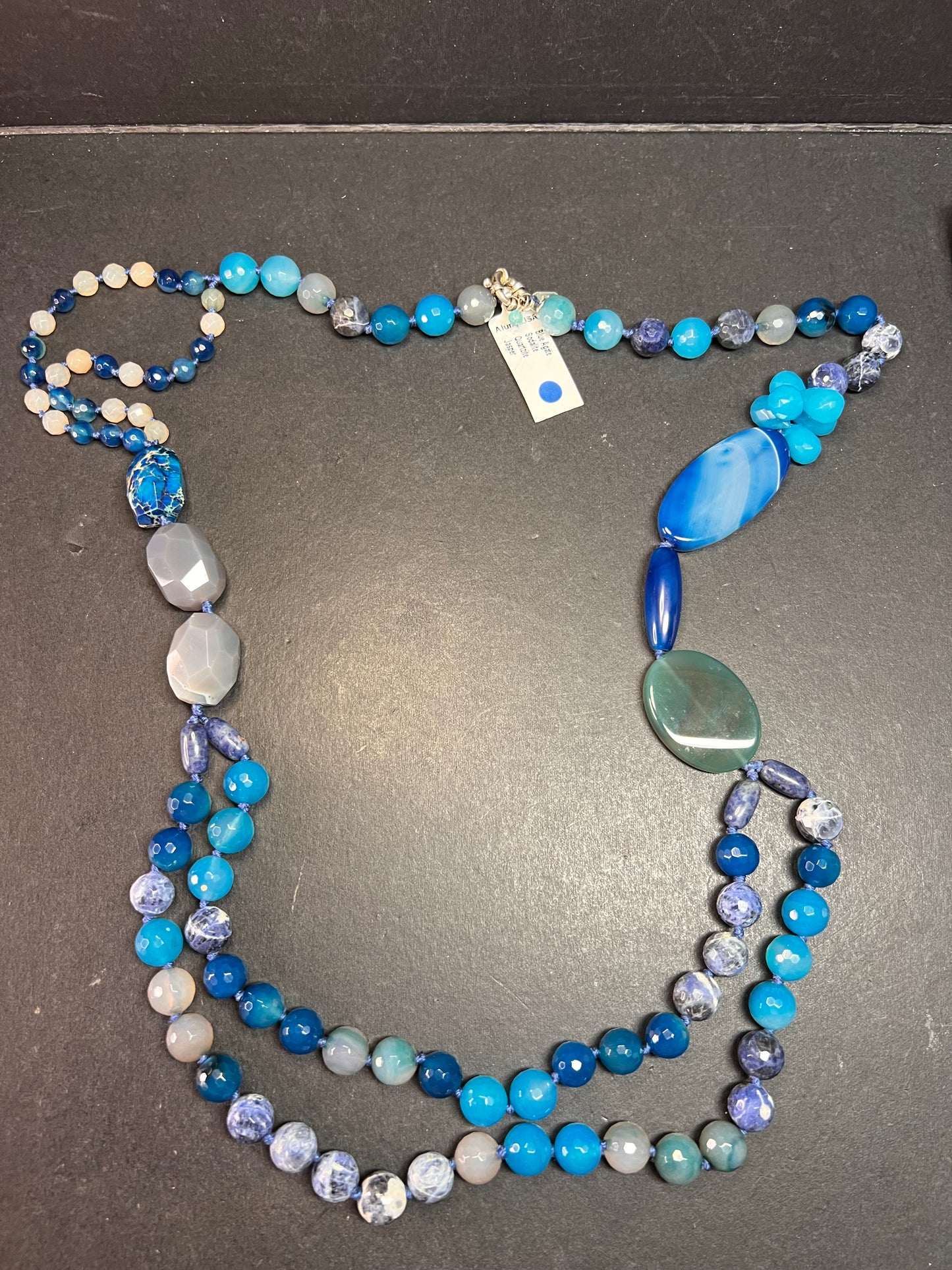 NEW multi blue semi precious stone station 36 inch necklace with sterling silver clasp