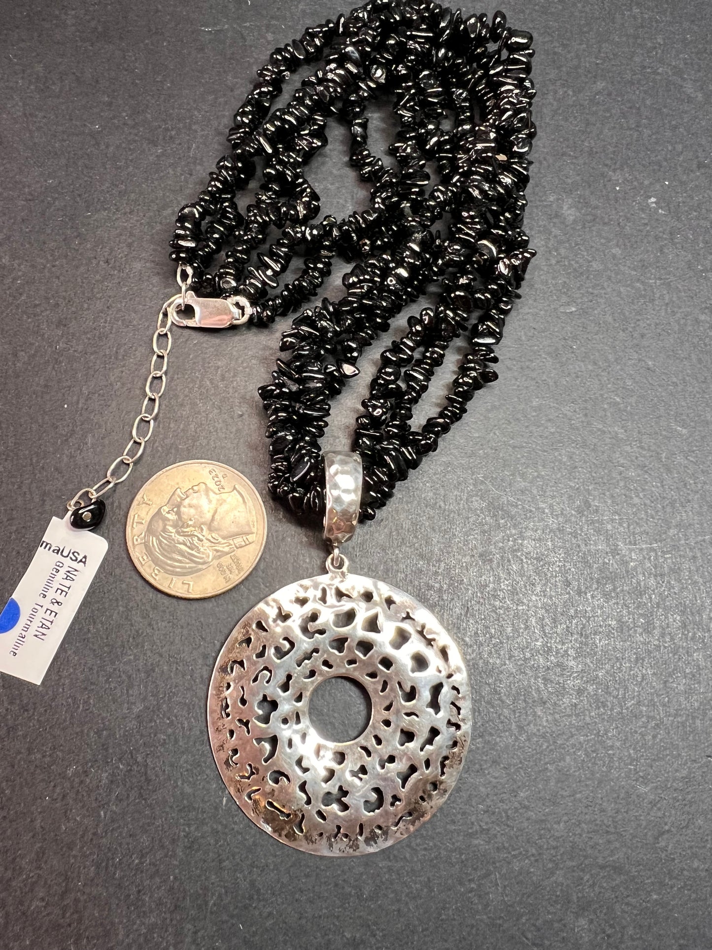 NEW Black tourmaline multi strand sterling silver necklace