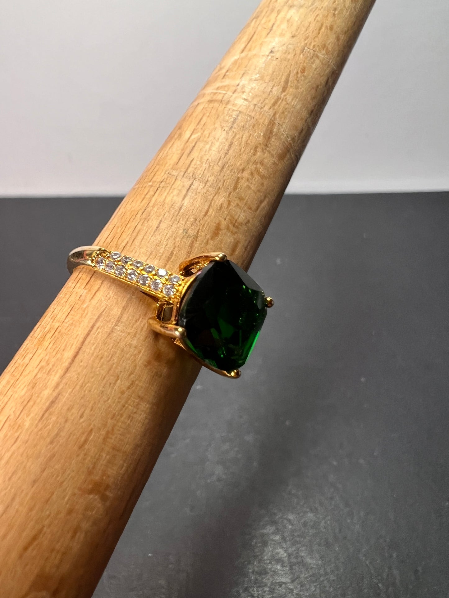 Green cushion cut CZ ring in gold over sterling silver size 9