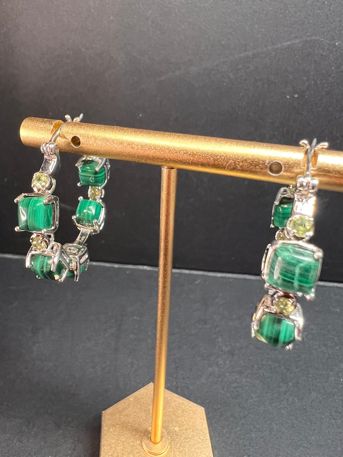 NEW malachite and peridot inside out hoop earrings in platinum over brass