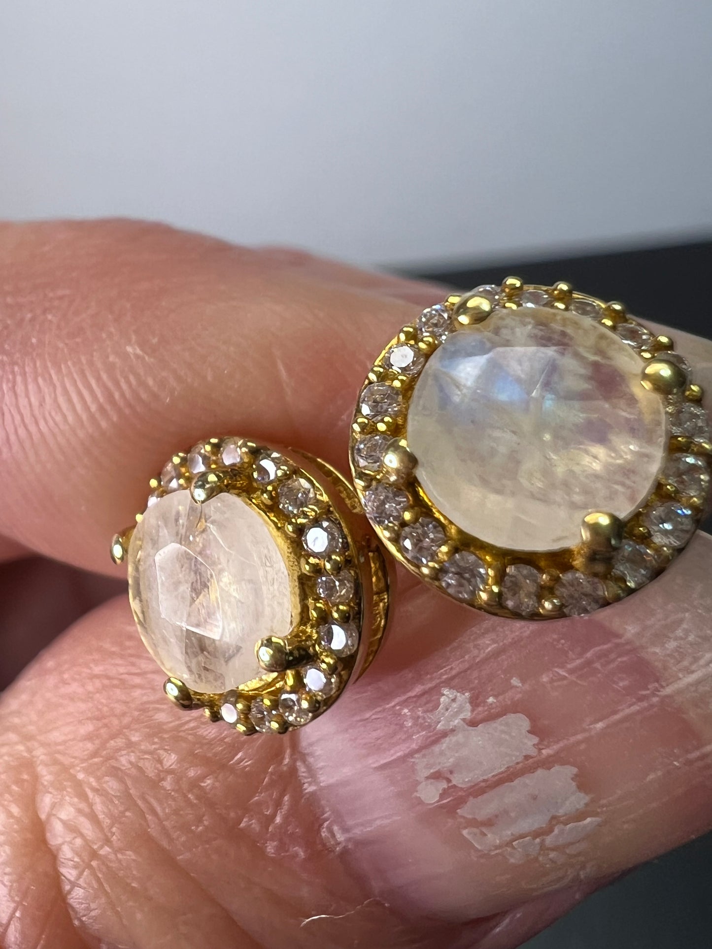 Rainbow moonstone halo stud gold over silver earrings