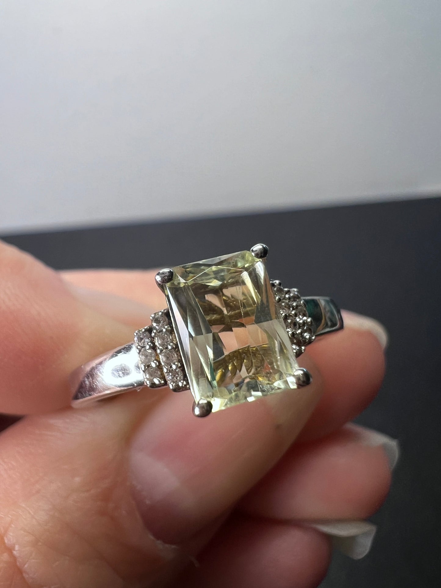 Prasiolite and zircon Sterling silver ring size 9