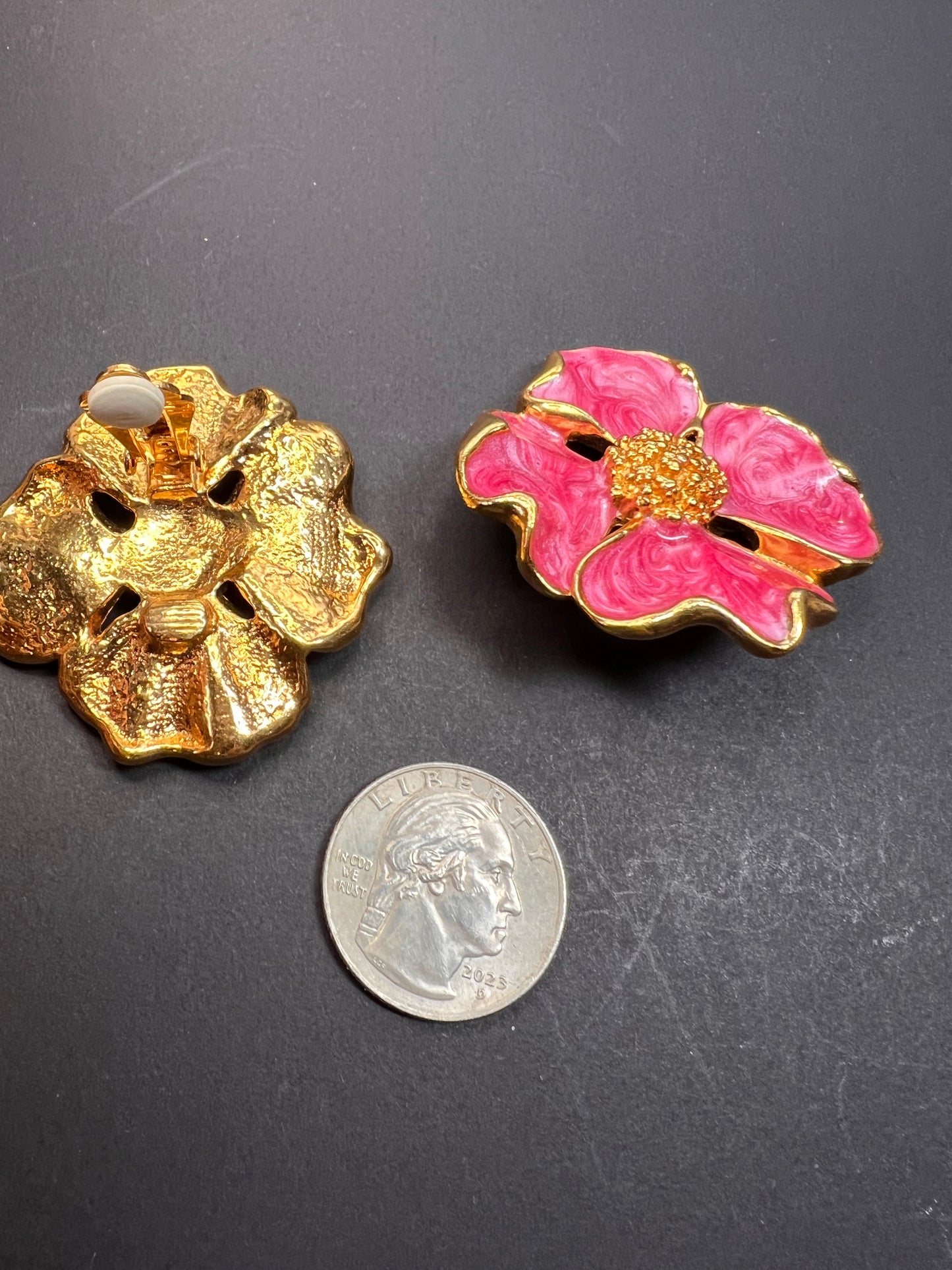 Vintage Avon Pink Dogwood Clip On Earrings Gold Tone Enamel Floral