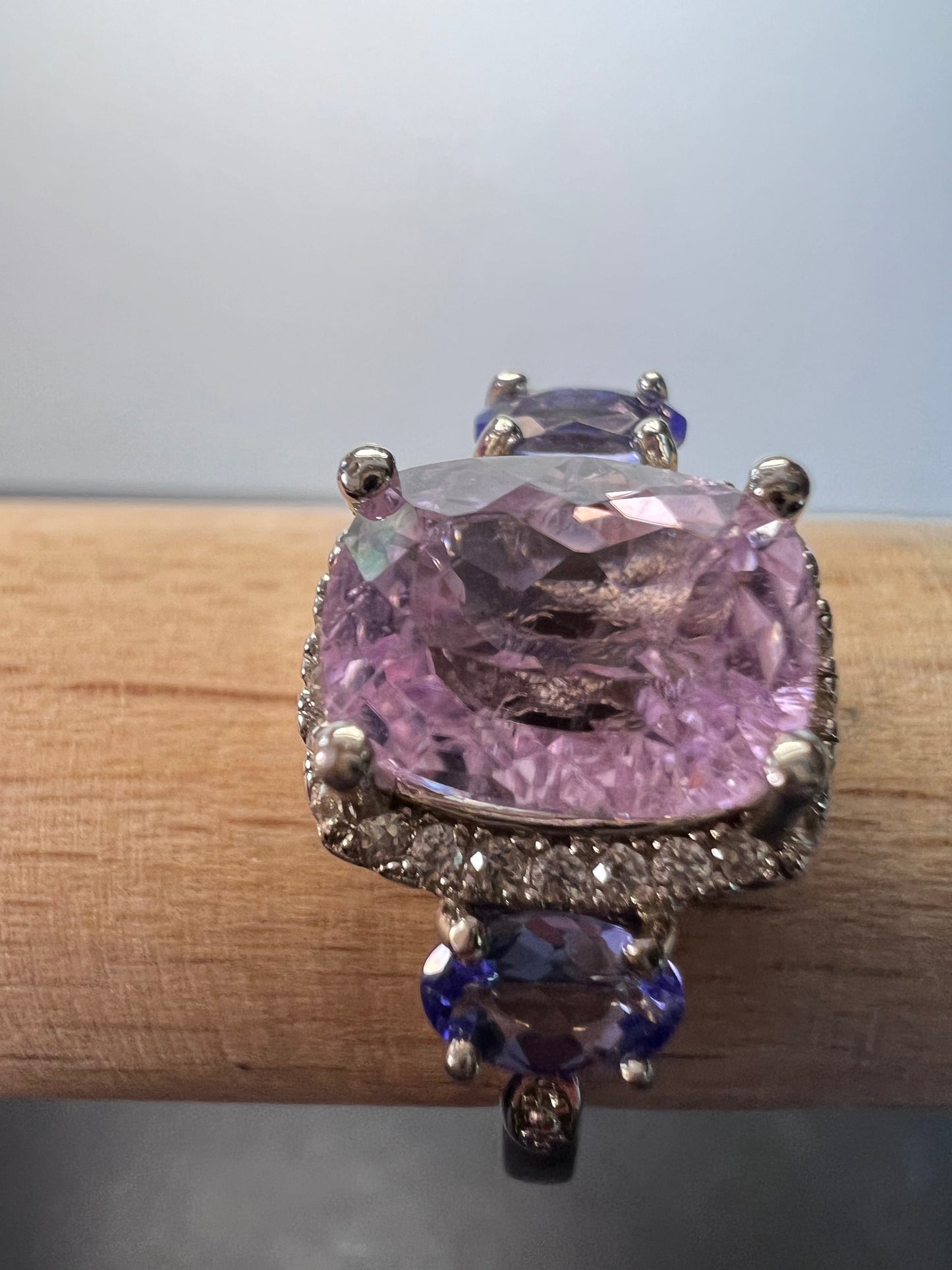 Kunzite, tanzanite and zircon halo ring size 9