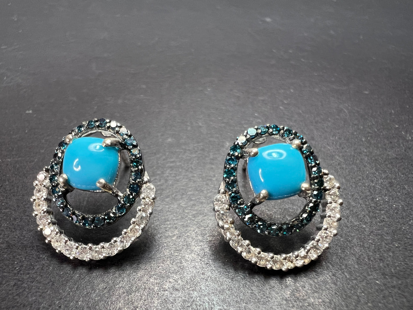 Sleeping Beauty turquoise and blue diamond double ring earrings in platinum over sterling silver