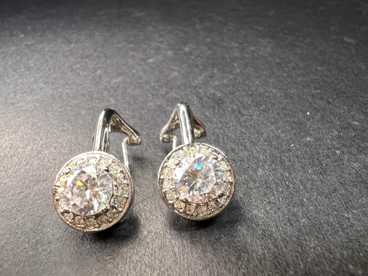 Silver Plated 6mm CZ Halo Omega Back Earrings Sparkly Round Studs