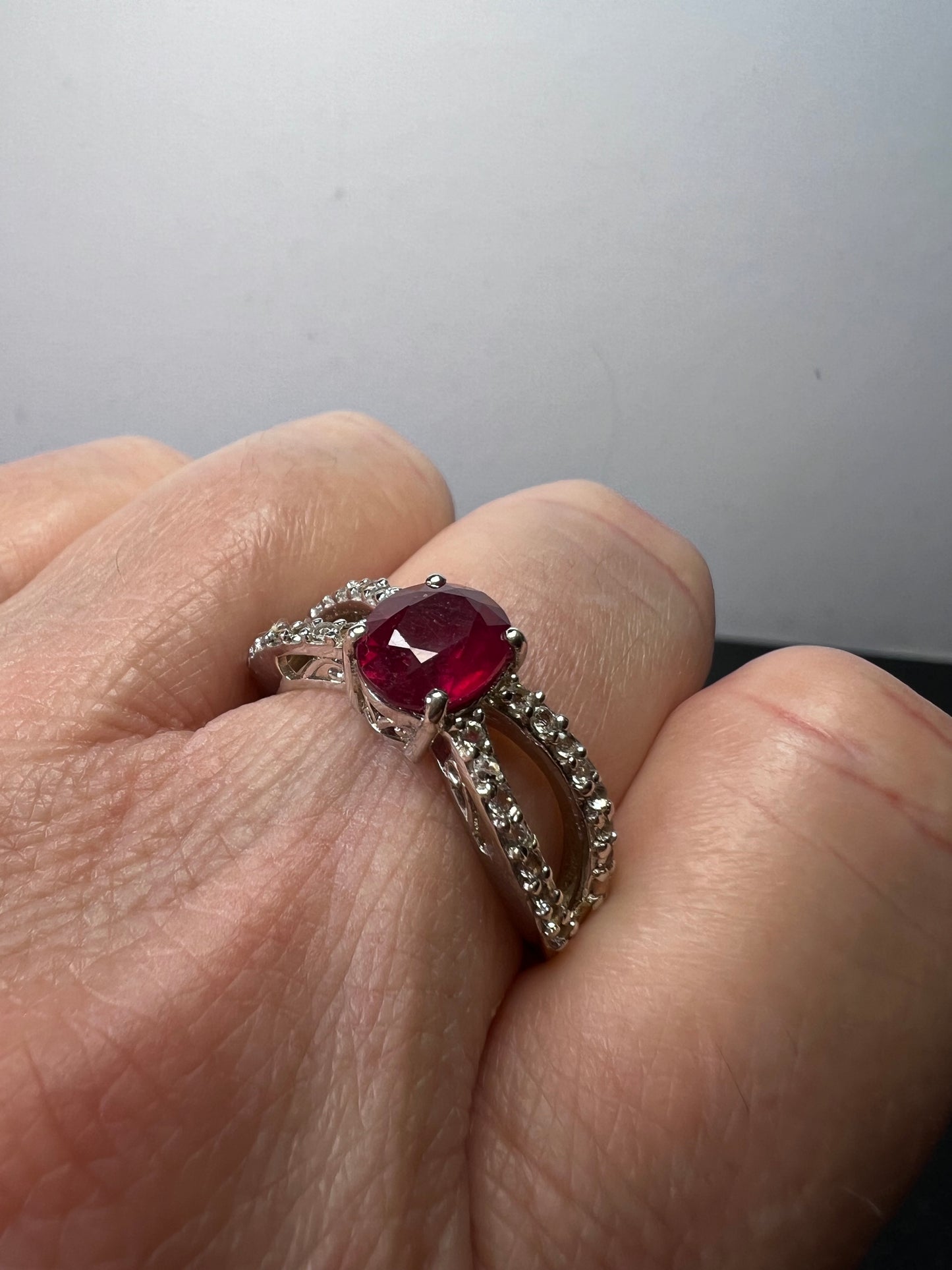 Ruby and zircon crisscross sterling silver ring size 9