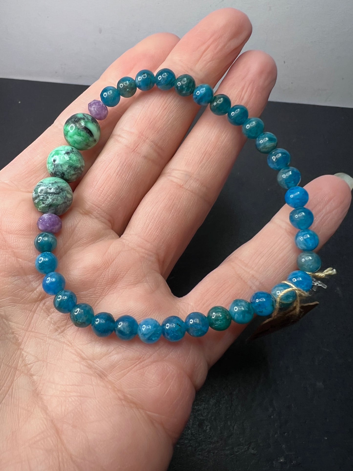 Blue apatite, lepidolite, and Mongolian variscite stretch bracelet 8 inches