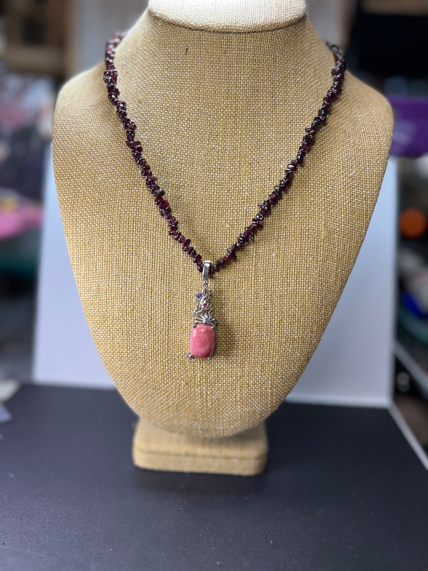 Norwegian Thulite and garnet chip necklace with sterling silver pendant and clasp