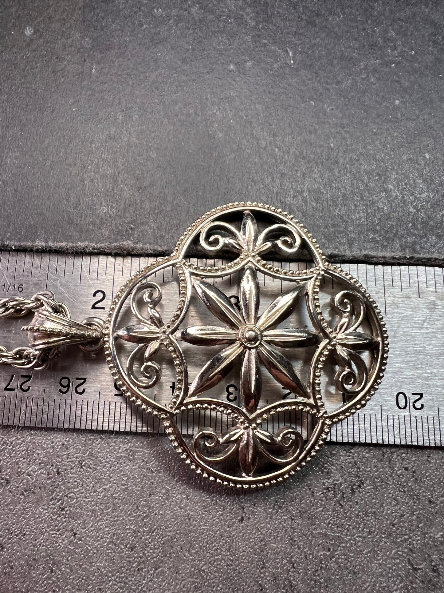 Vintage 1928 Silver Tone Filigree Medallion Rope Chain Necklace 28”