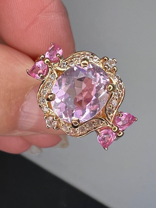 Kunzite and pink sapphire halo ring size 9