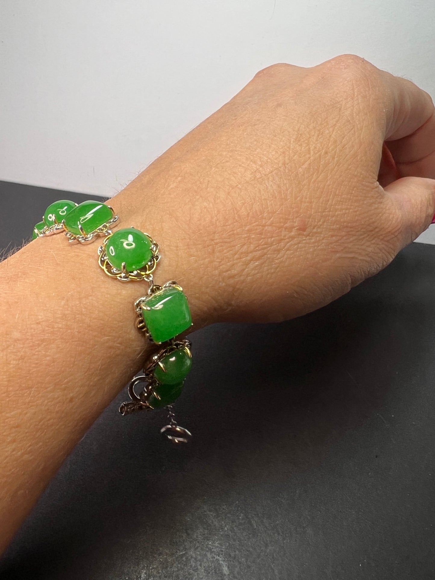 Green Jade two toned sterling silver toggle bracelet