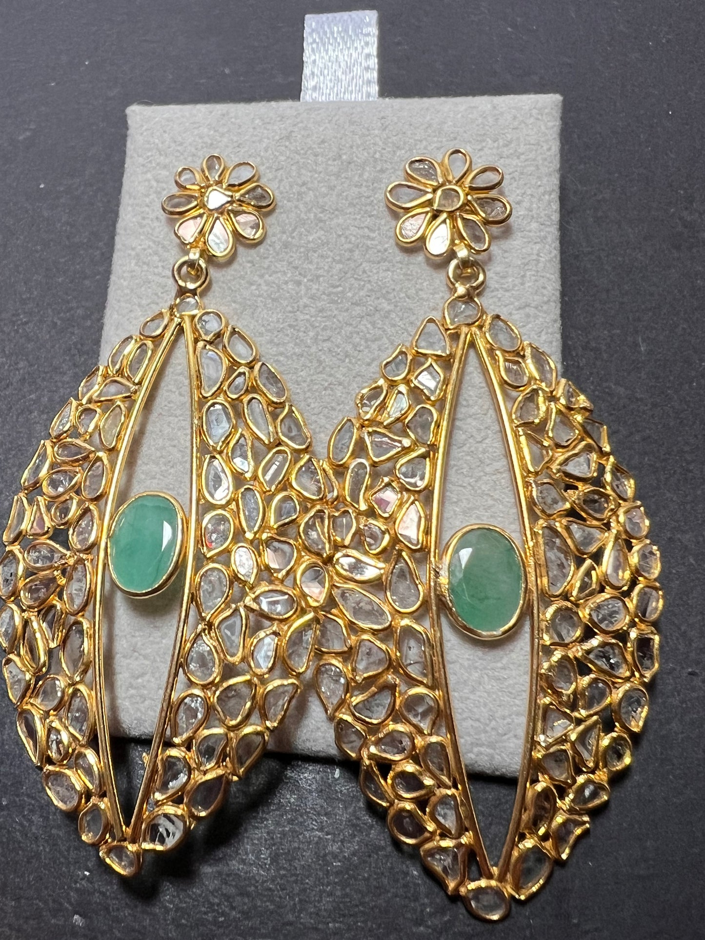 Polki diamond slices and emerald gold over sterling silver open marquee drop earrings