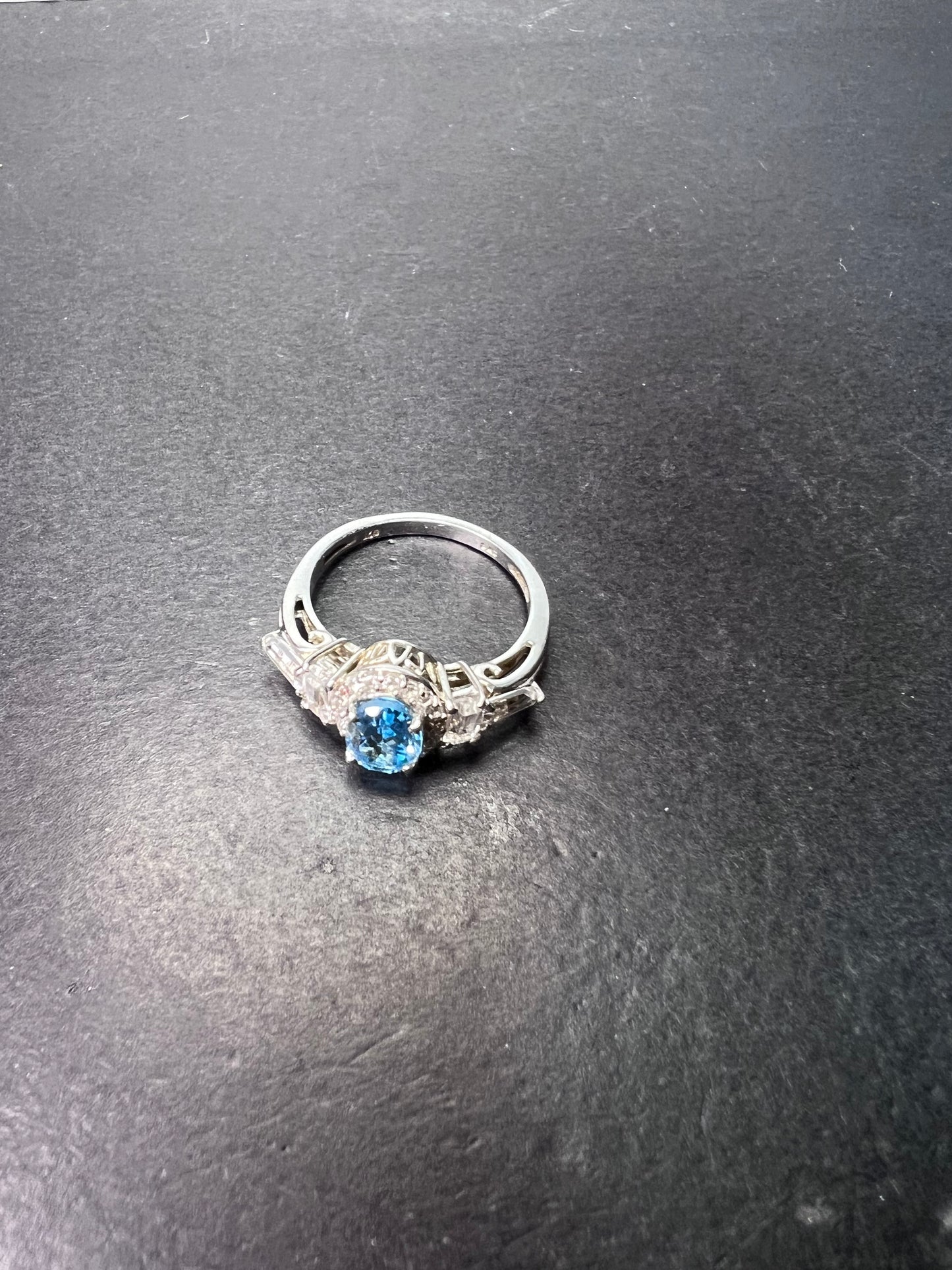 Blue and white topaz sterling silver halo ring size 9