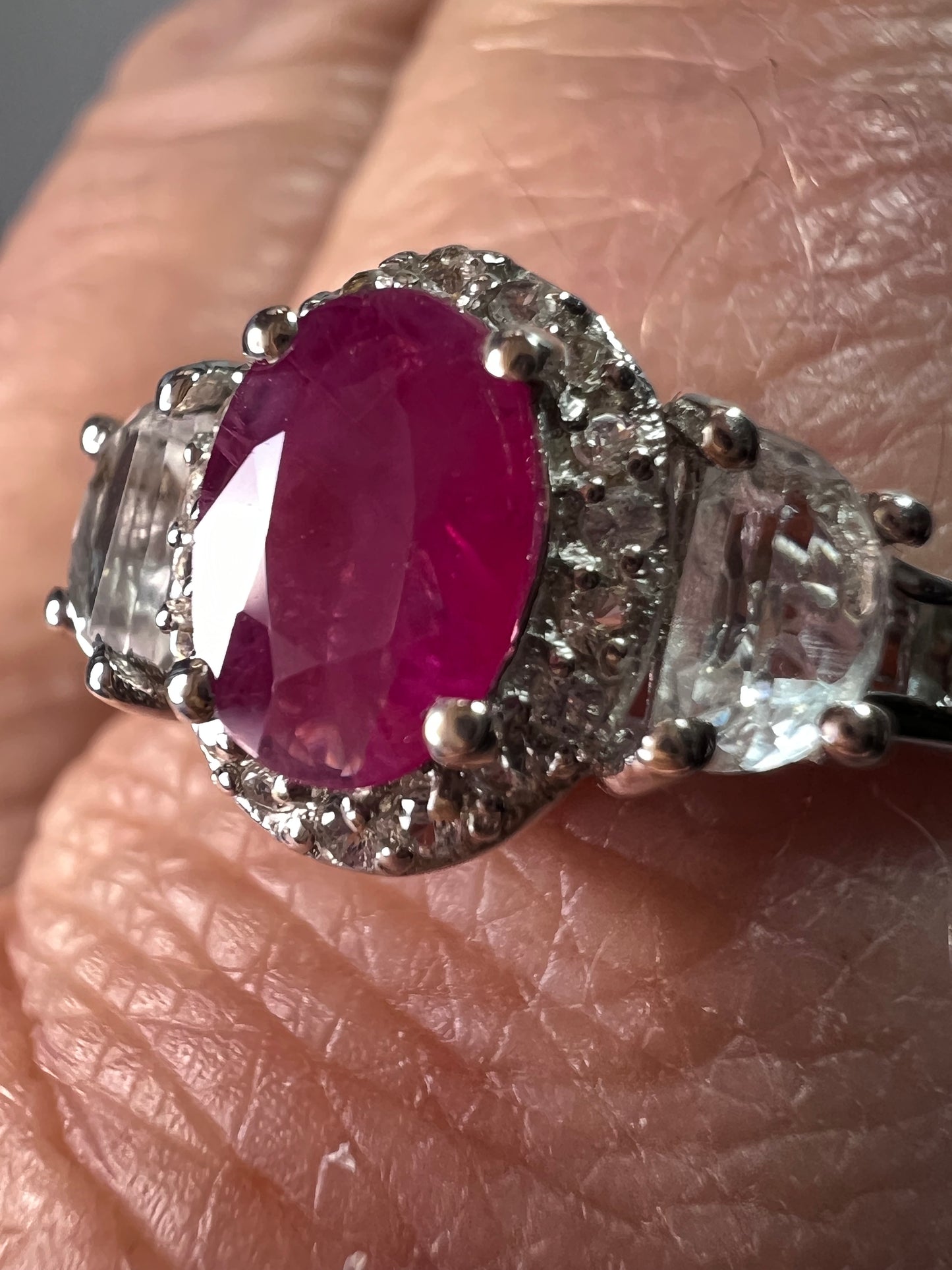 Ruby and white topaz sterling halo ring size 9