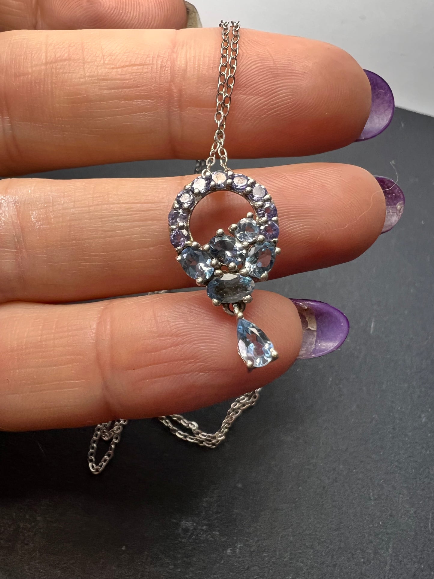 Tanzanite and aquamarine sterling silver pendant necklace with chain