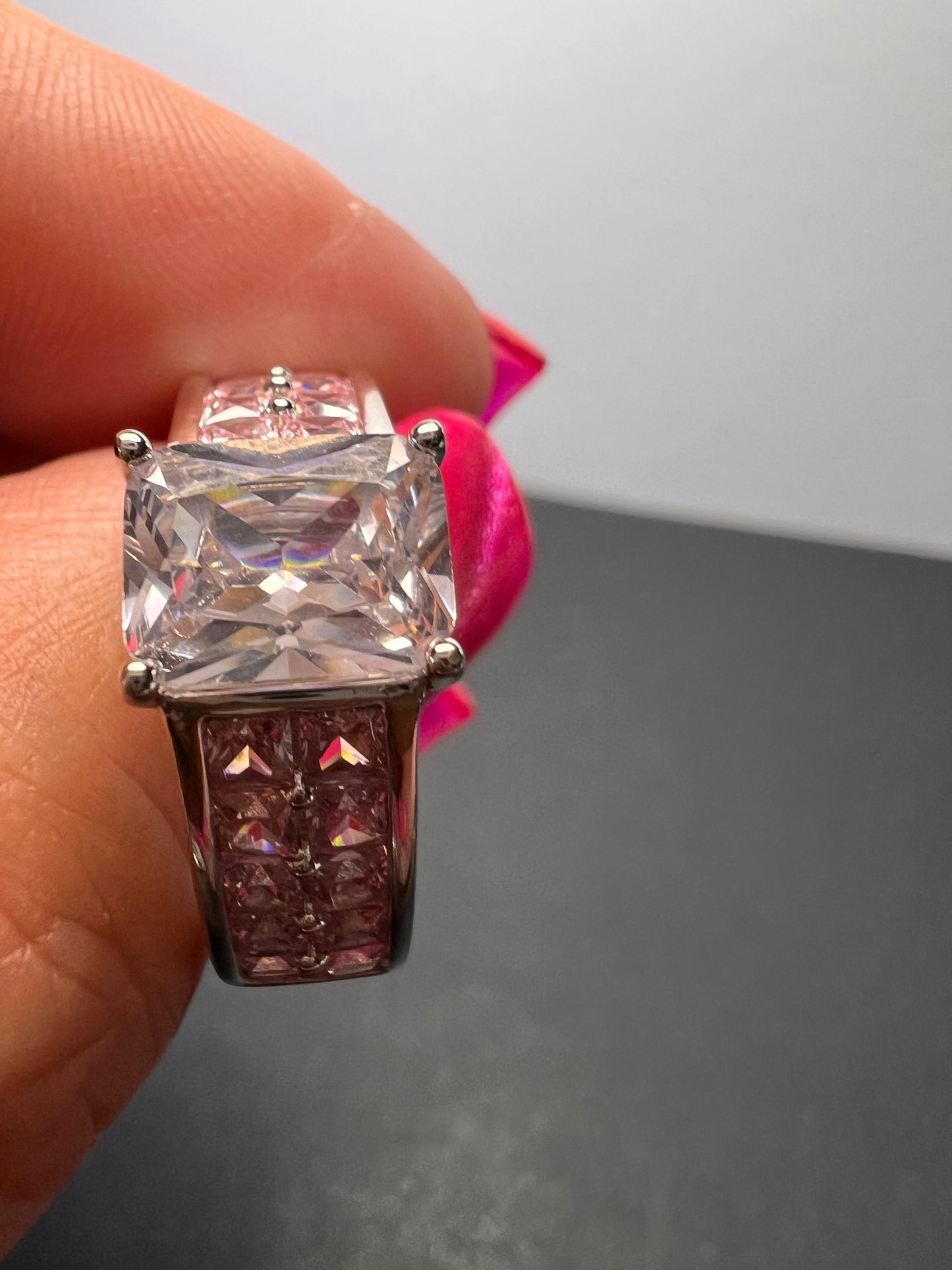 Pink and white CZ rhodium over sterling silver ring size 9