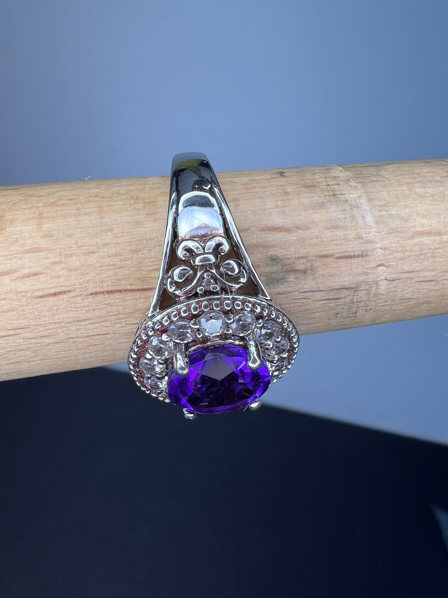 Amethyst and white spinel sterling silver halo ring size 9