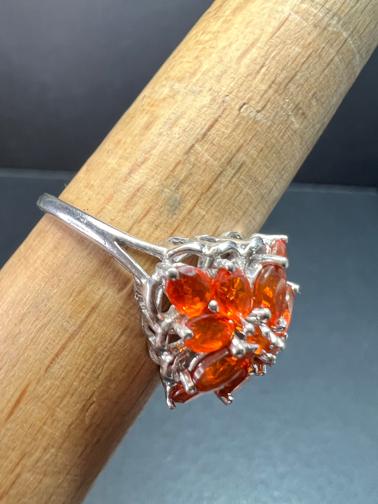 Vintage Sterling Silver Mexican Fire Opal Floral Cluster Ring Sz 9