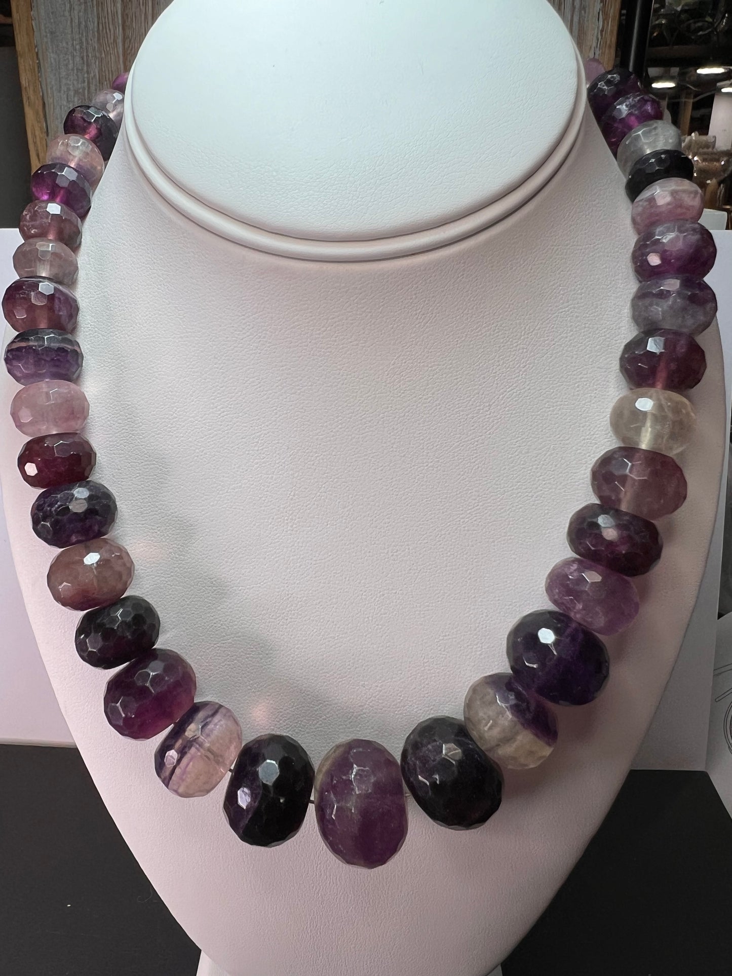 Rainbow and purple fluorite faceted beaded statement necklace with 925 lobster clasp