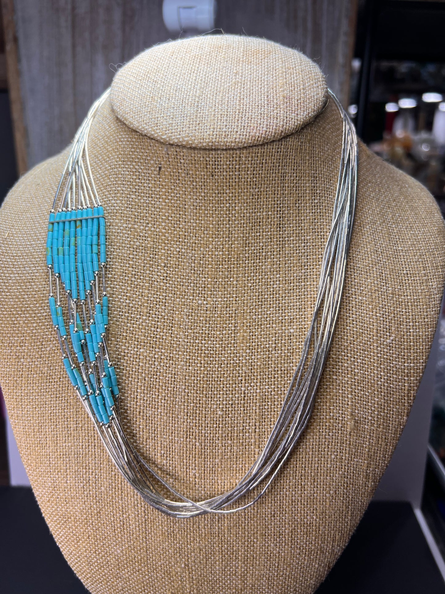 Southwest style liquid silver heishi turquoise 10 strand necklace