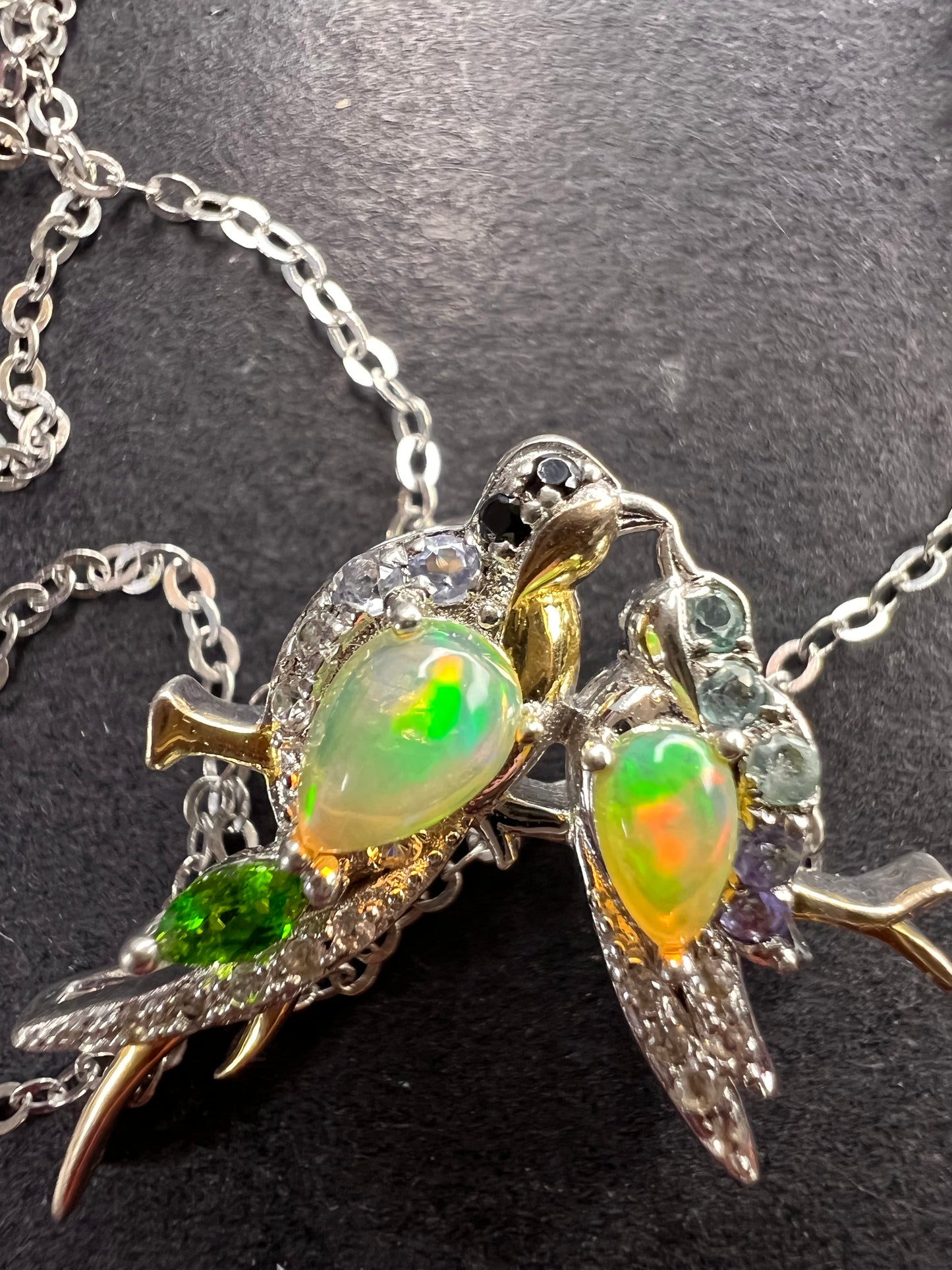 Ethiopian opal love birds multi gemstone two toned pendant and chain in gold and rhodium over sterling silver