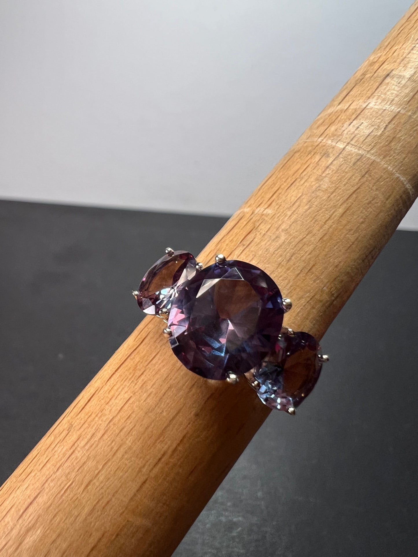 Lab created alexandrite trilogy ring in rhodium over sterling silver size 9