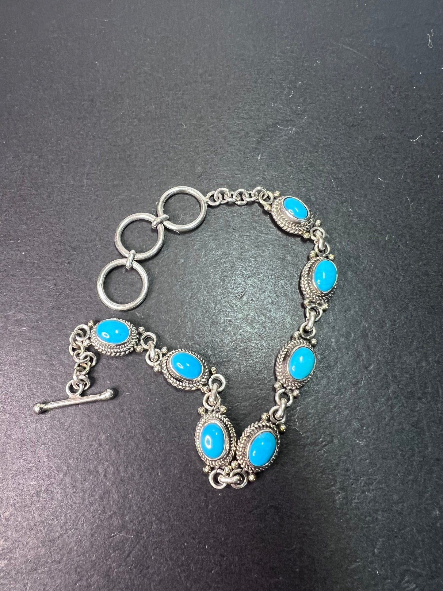 Turquoise and sterling silver link bracelet with toggle clasp