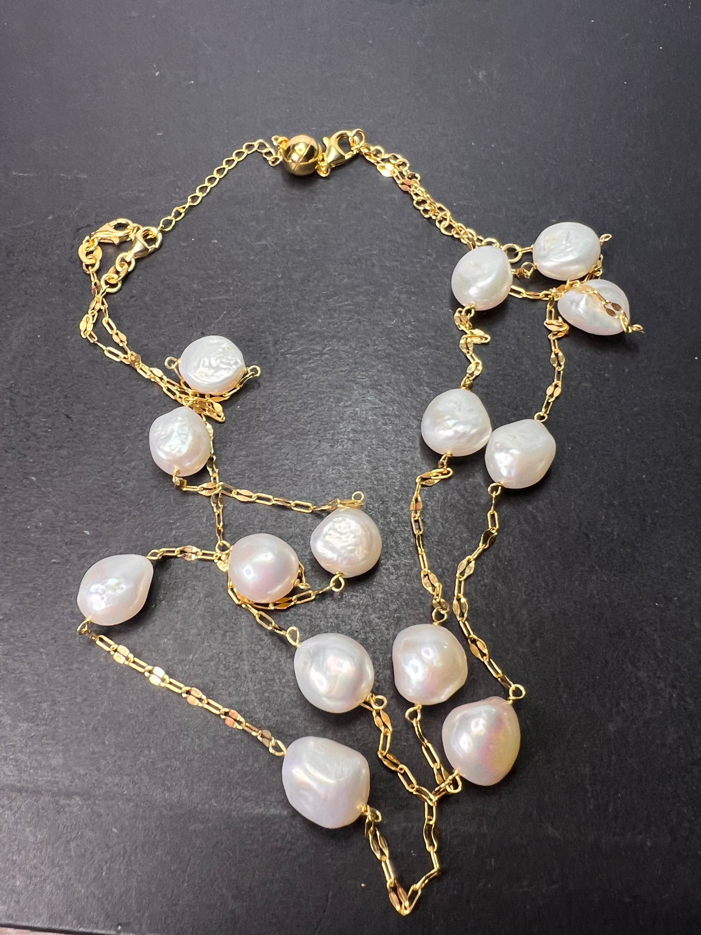 10.5-11mm white cultured freshwater pearl double strand station necklace in 18k yellow gold over sterling silver