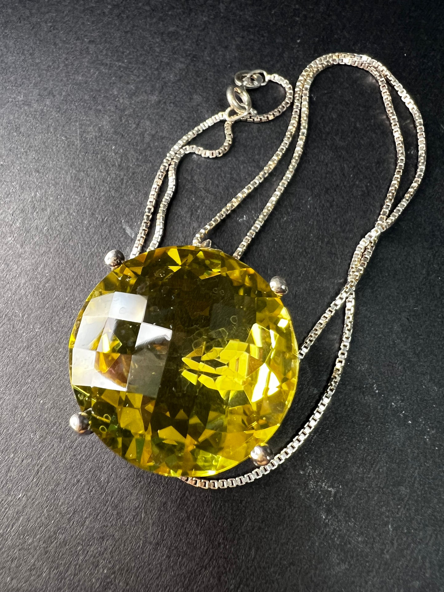 Huge Lemon Quartz Sterling Silver Statement Pendant Necklace 18” Chain