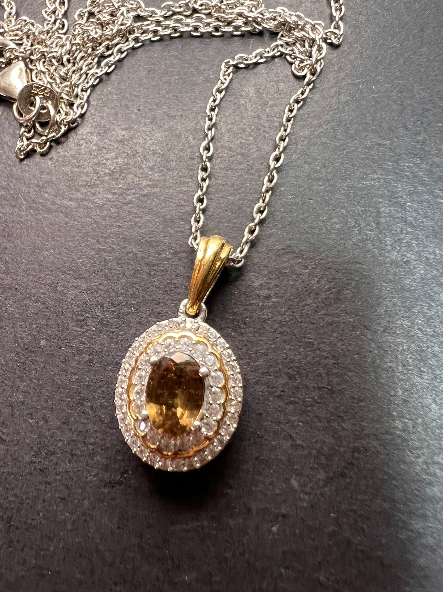 Golden tanzanite and zircon double halo two toned sterling silver pendant and chain necklace