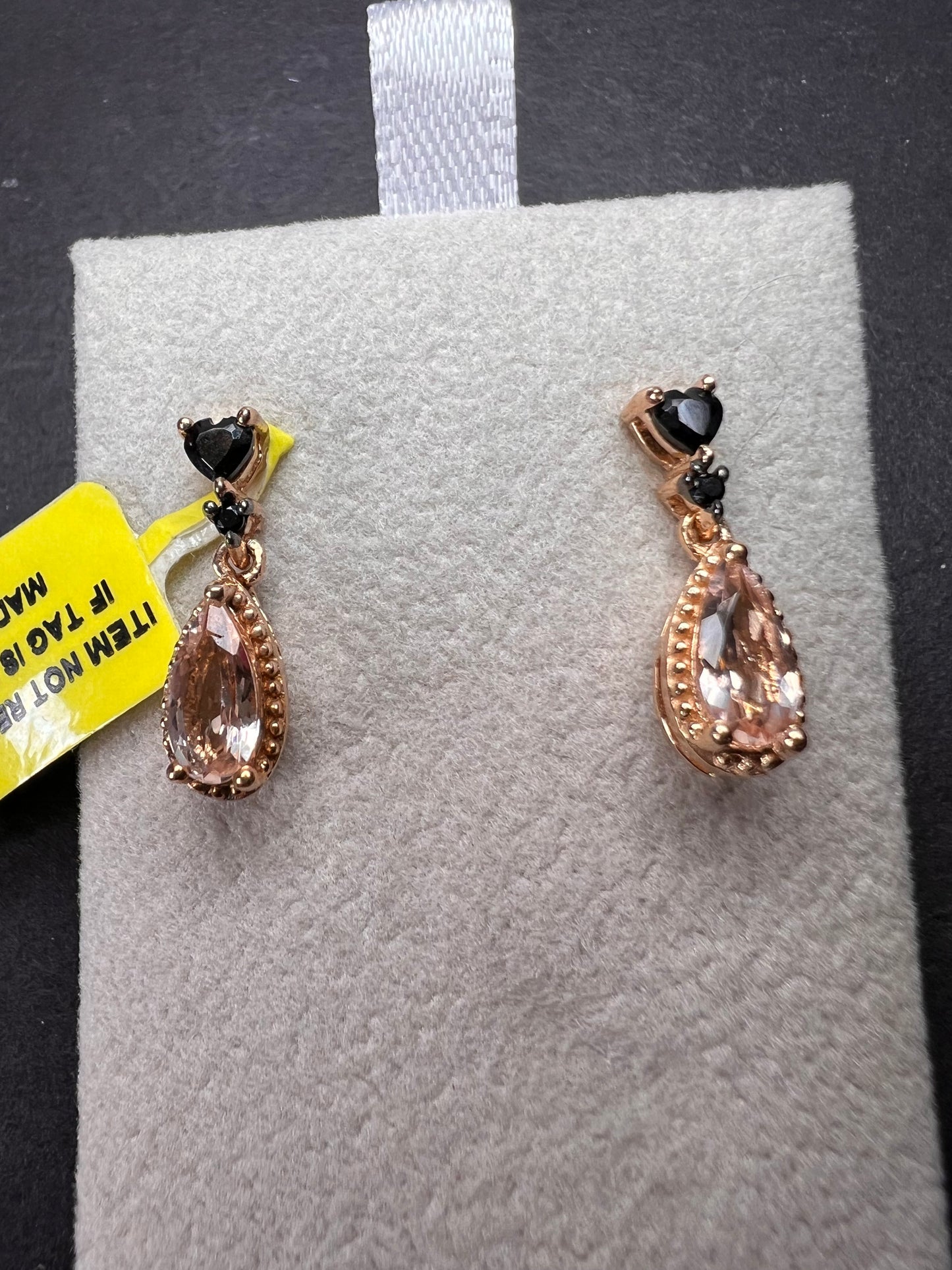 Peach morganite and black spinel heart rose gold over sterling silver earrings