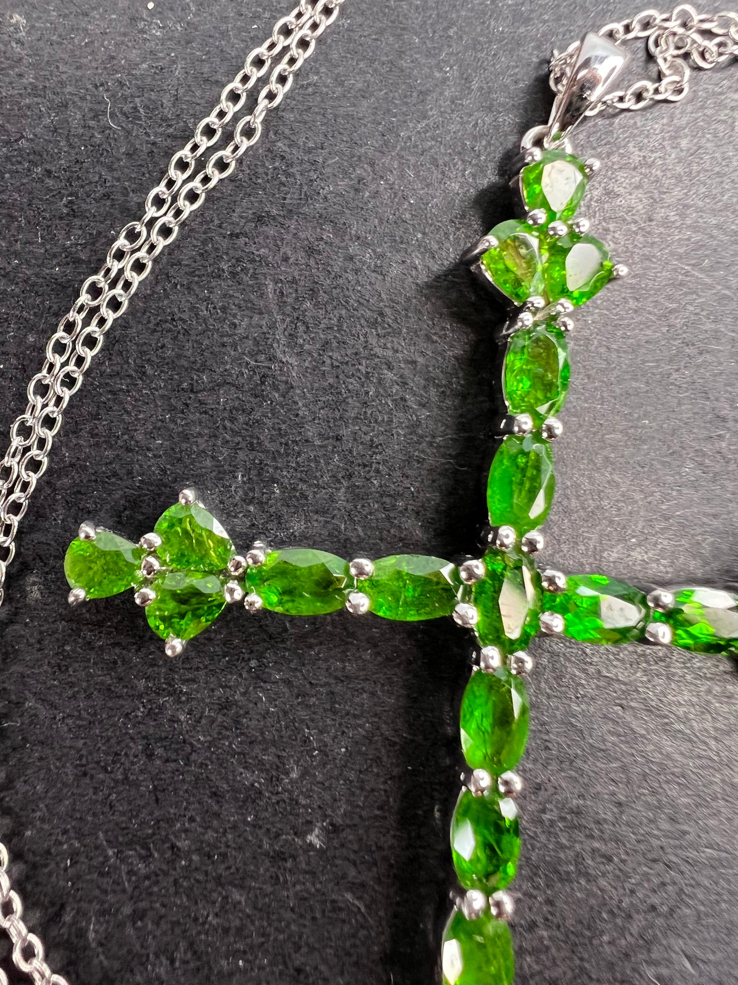 Chrome diopside cross pendant and chain in sterling silver