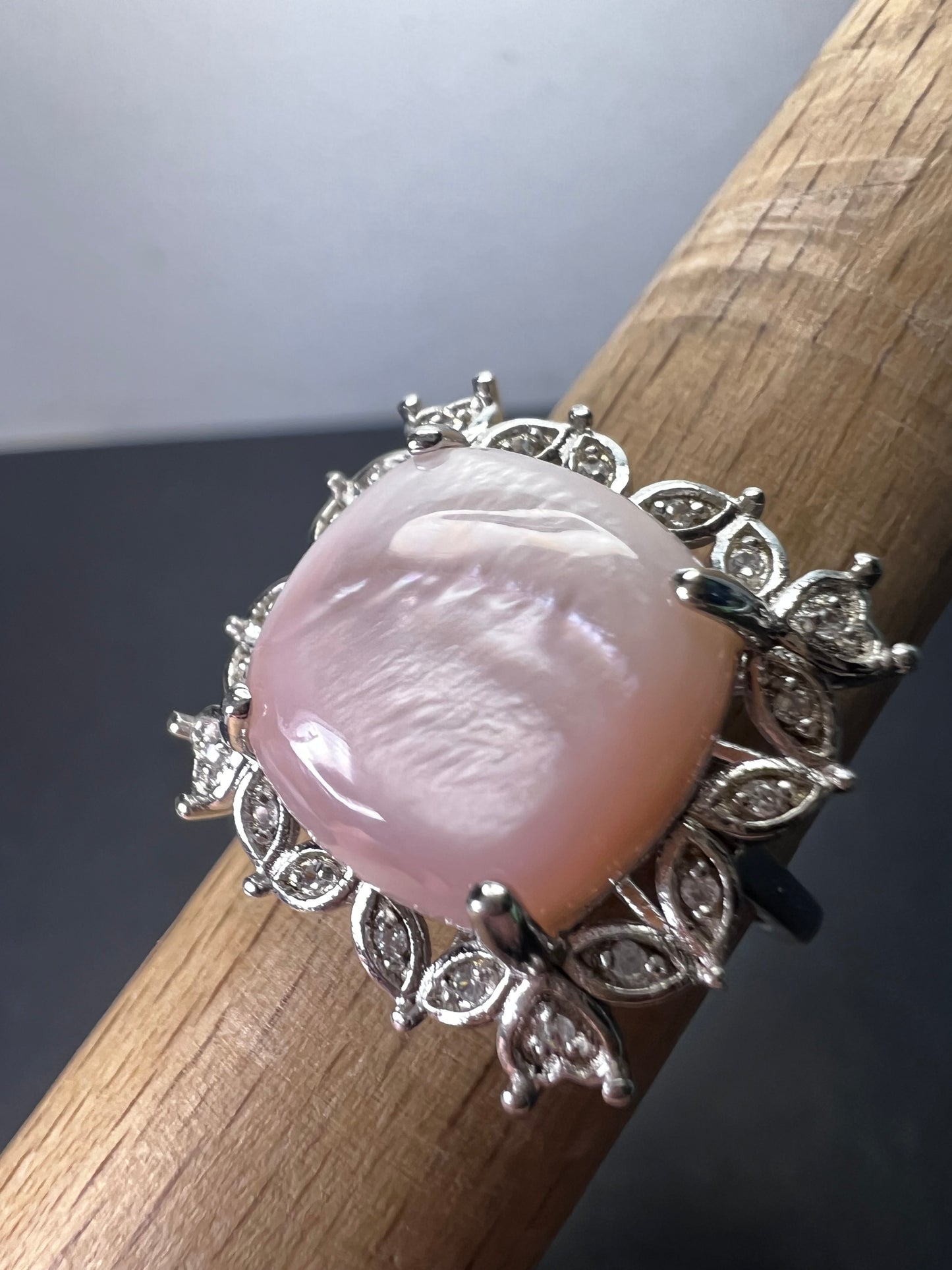 Pink Mother-of-Pearl With White Zircon Rhodium Over Sterling Silver Ring size 8