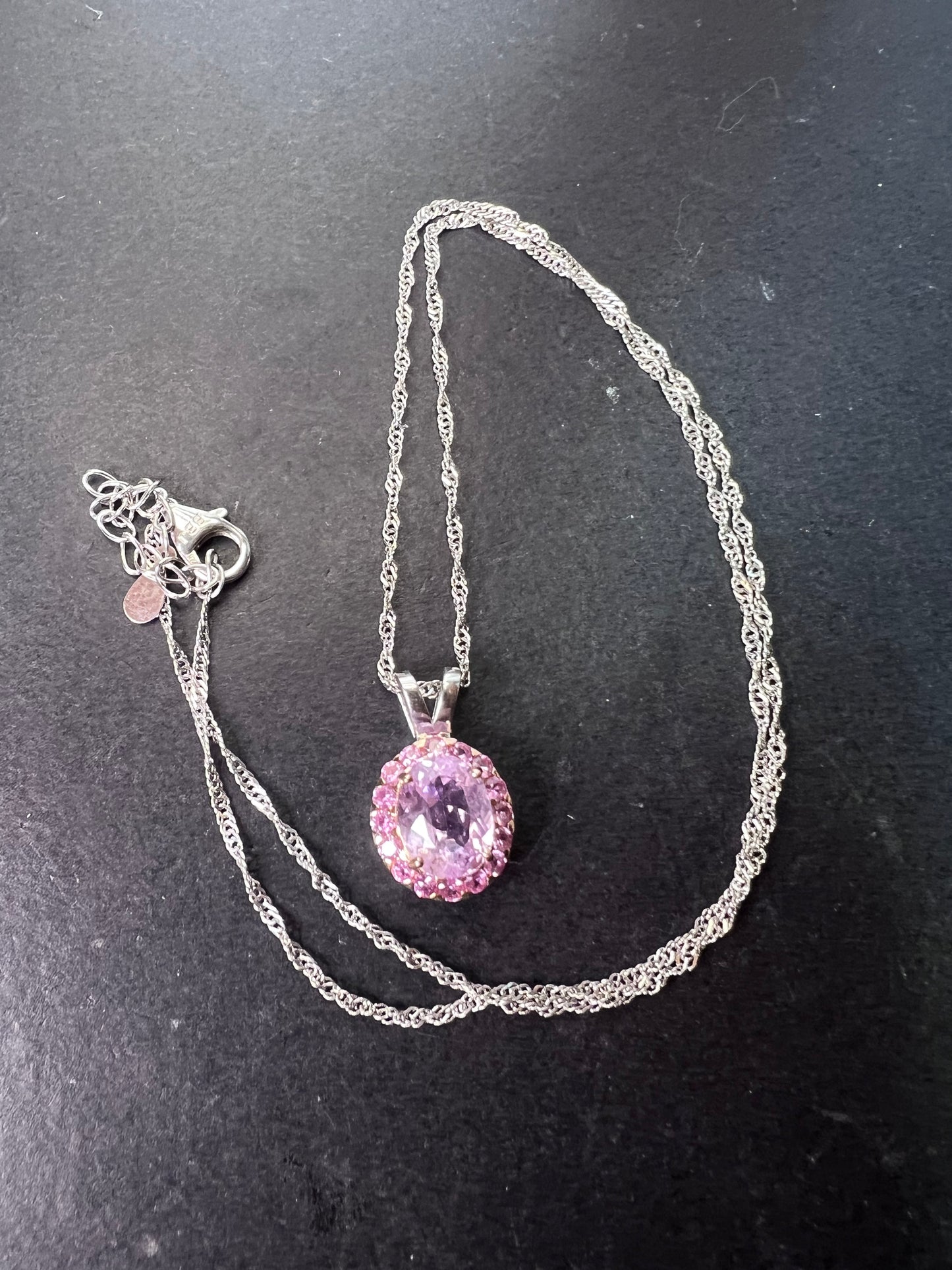 Kunzite and pink sapphire halo pendant necklace in sterling silver