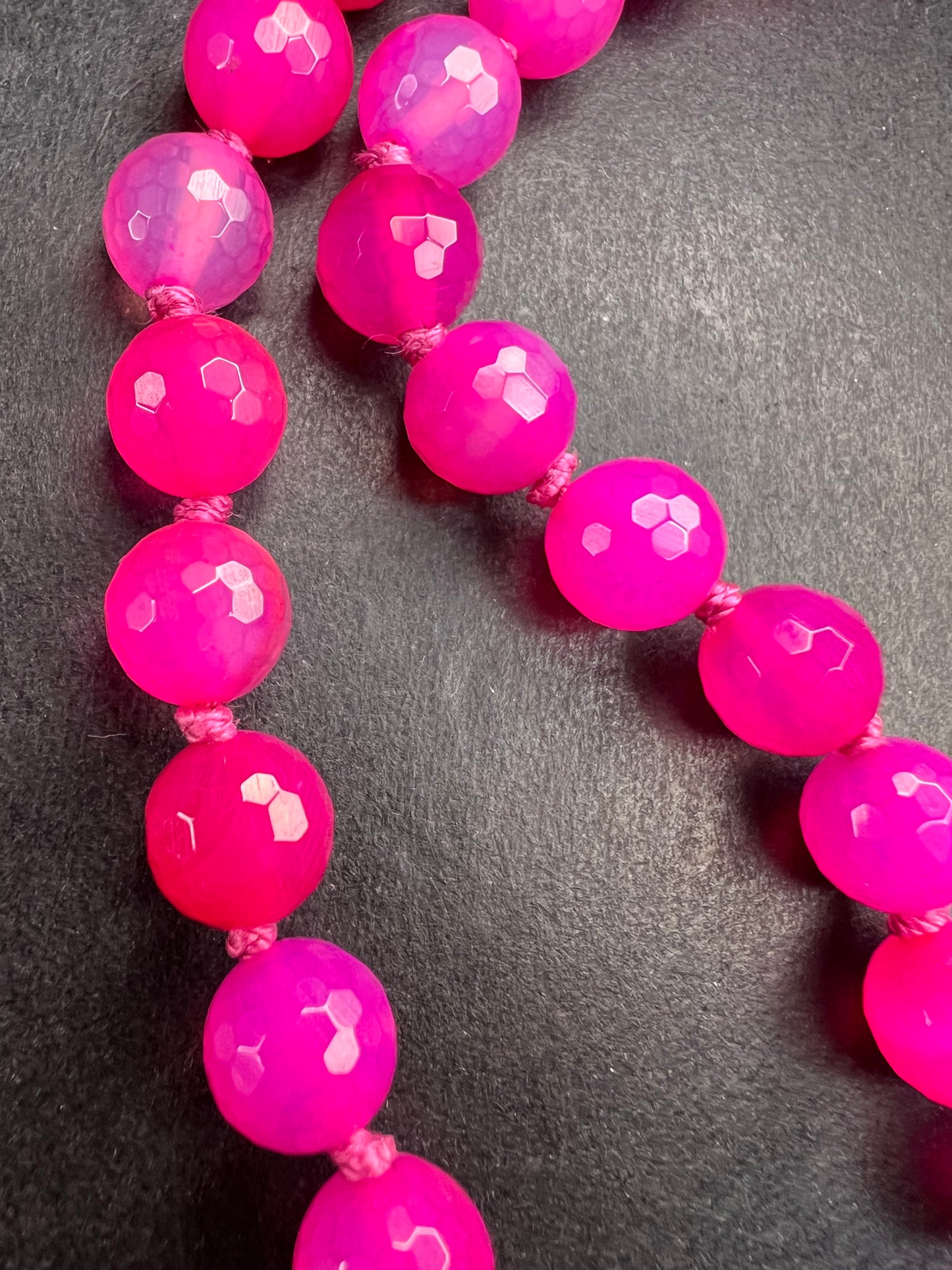 NEW fuchsia pink dyed agate 36 inch knotted bead necklace with sterling silver clasp