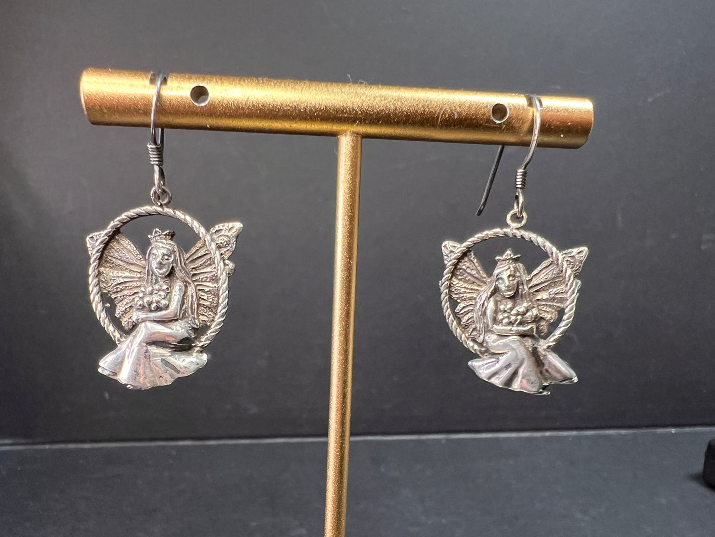 Vintage Sterling Silver Fairy Earrings • Detailed Wings & Floral Motif
