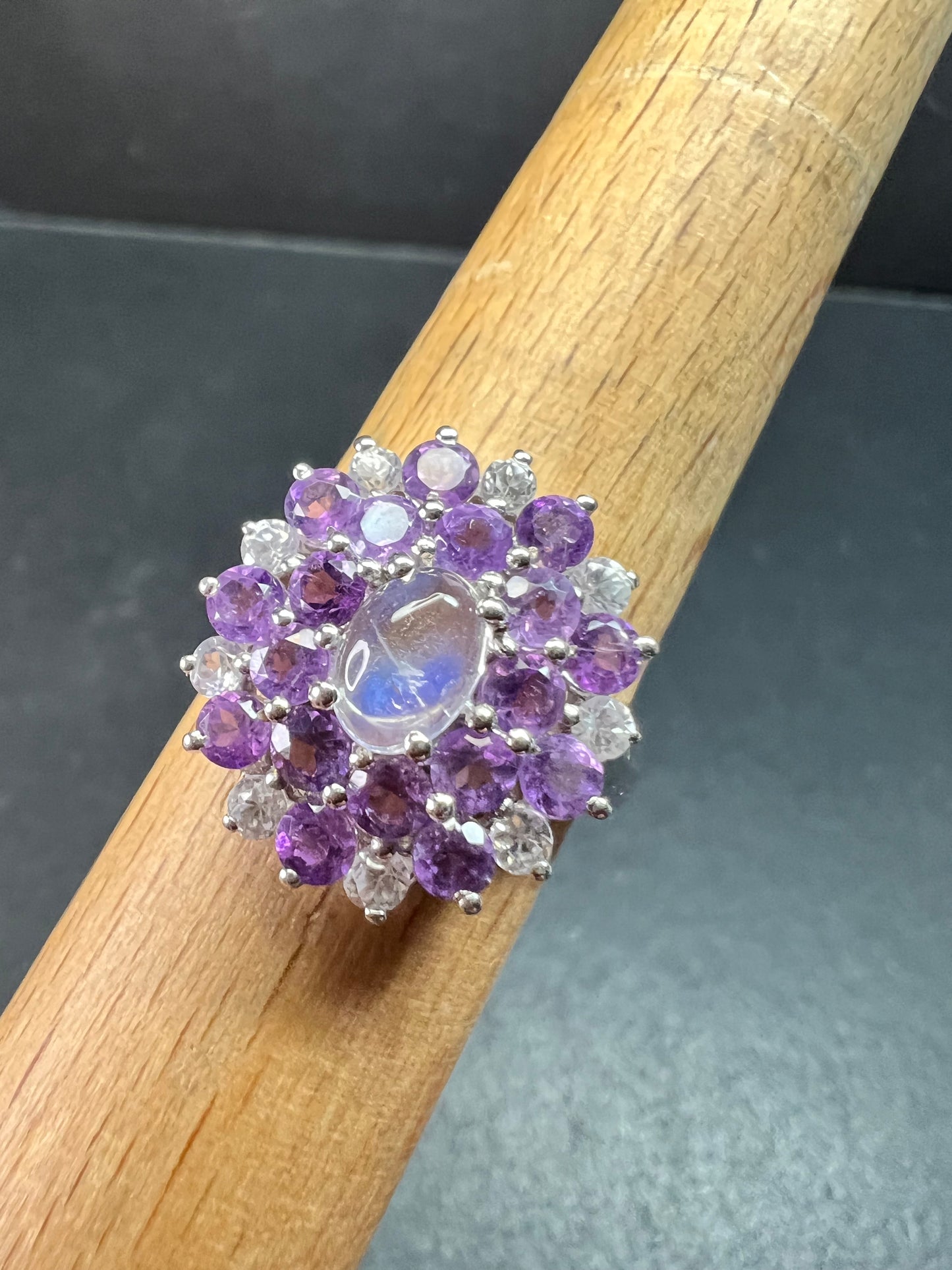 Rainbow Moonstone Amethyst White Topaz Sterling Ring Sz 9