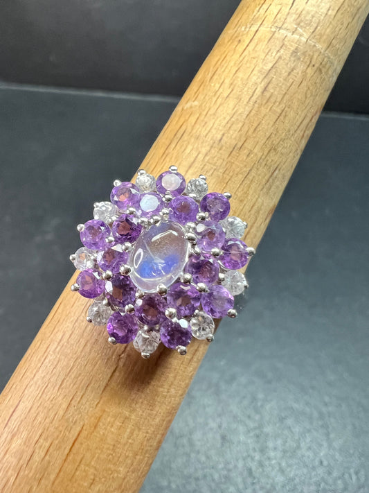 Rainbow Moonstone Amethyst White Topaz Sterling Ring Sz 9