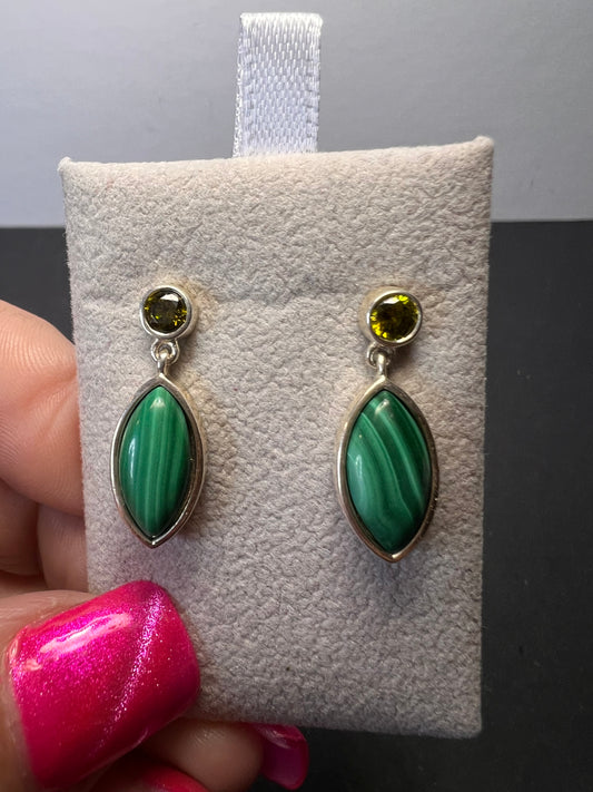 Malachite and olive CZ sterling silver marquise drop earrings