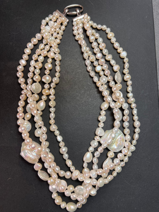 Lucas Lameth White cultured pearl five strand necklace with sterling silver clasp