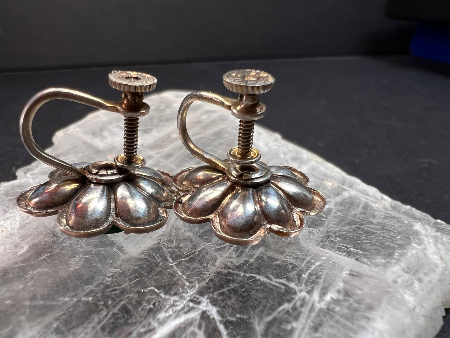 Vintage 1940s Vermeil Flower Screw Back Green Paste Earrings