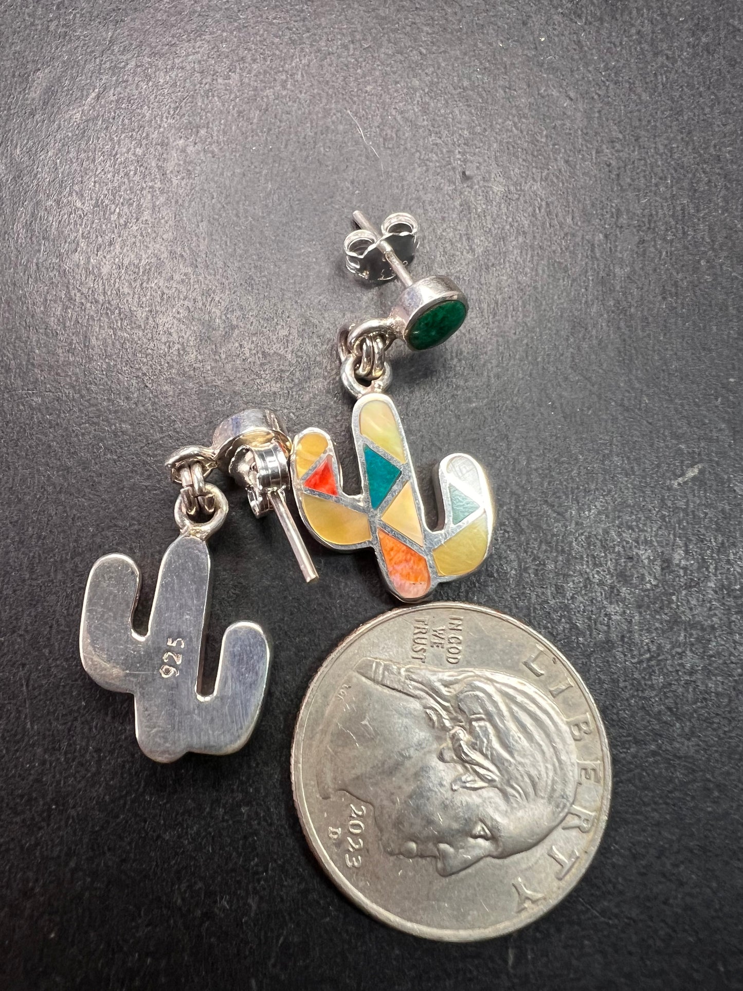 NEW Sterling Silver Peruvian Artistry Mosaic Cactus Earrings – Multi-Gemstone Inlay