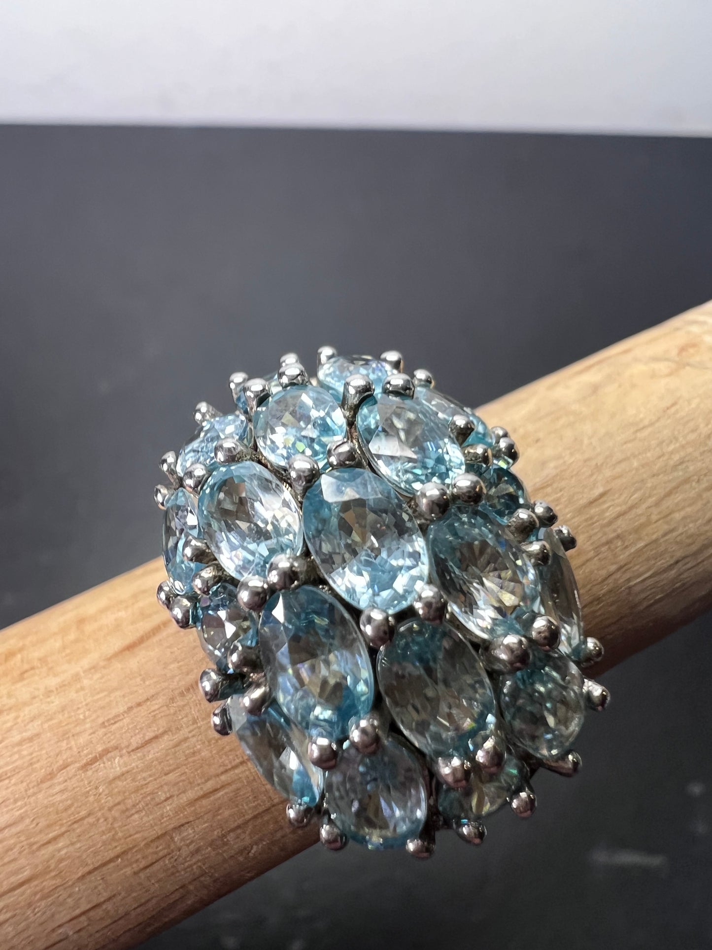 Blue topaz sterling silver cluster statement ring size 9