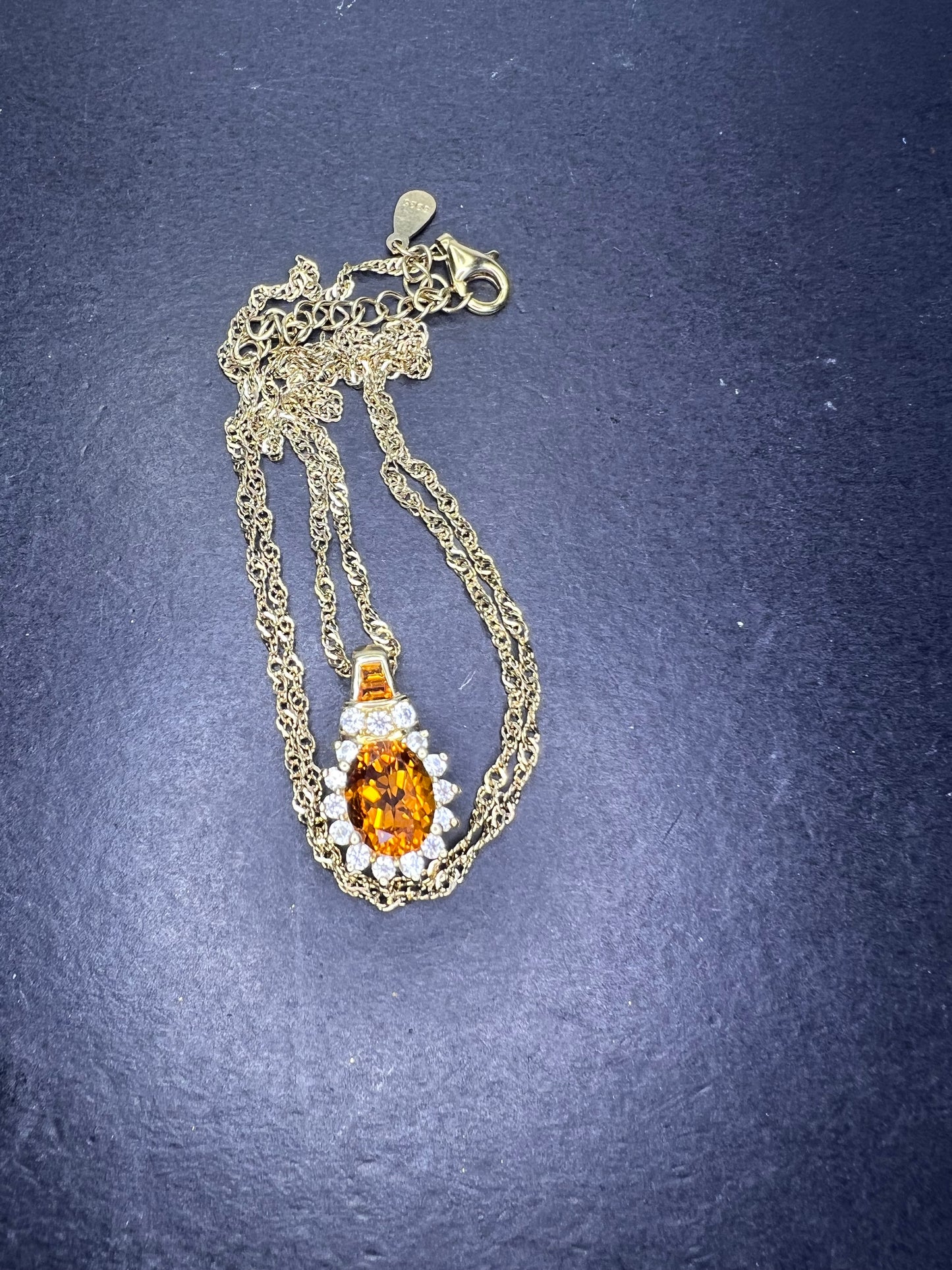 Mandarin citrine and white topaz halo pendant necklace in 14k gold over sterling silver