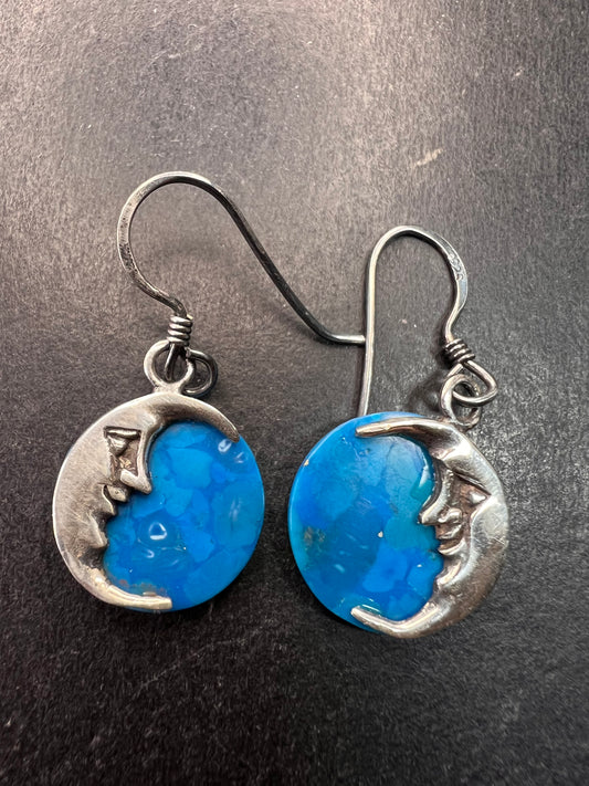 Vintage Sterling Silver Crescent Moon Blue Stone Dangle Earrings