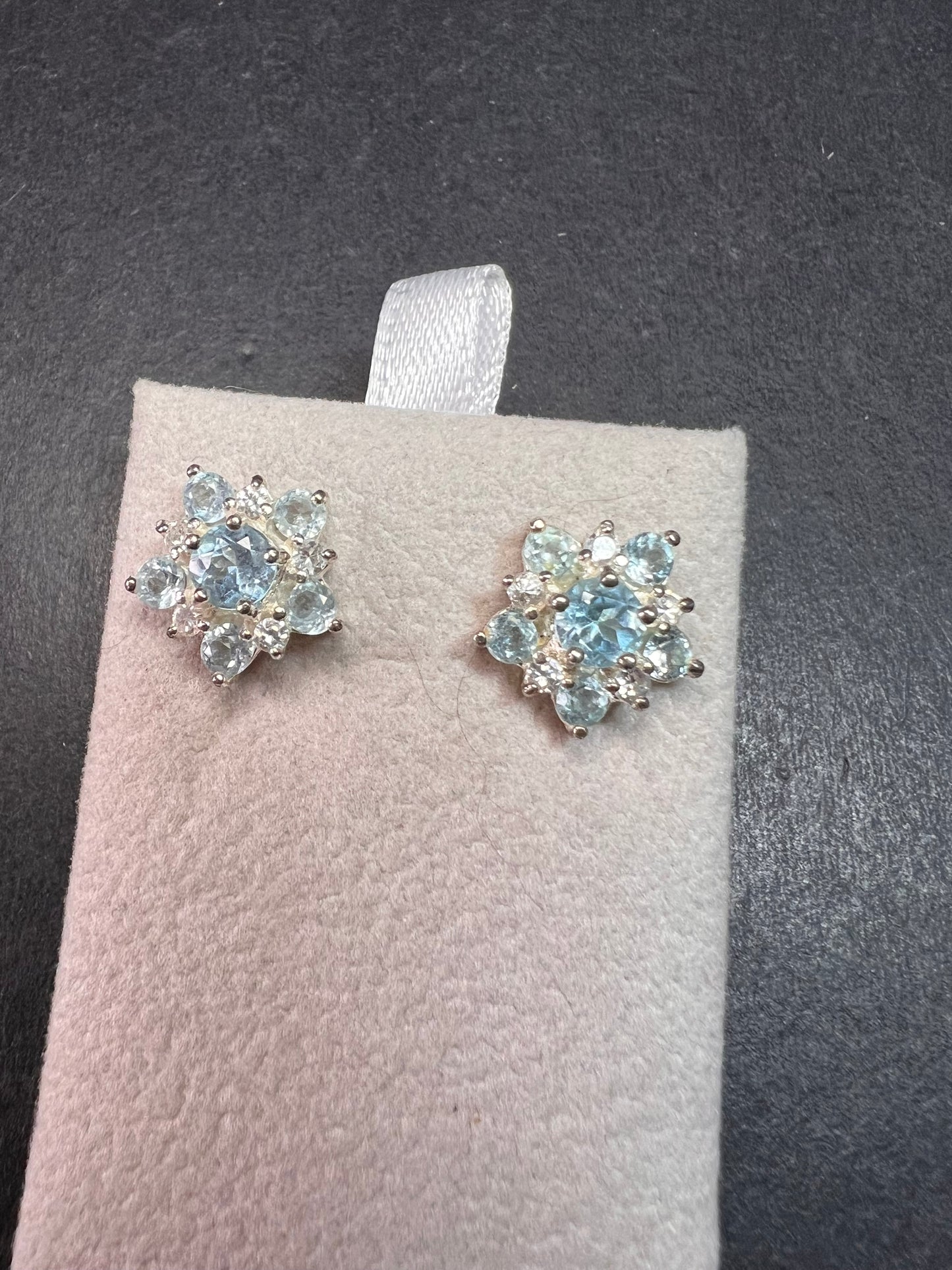 Vintage blue topaz and cz sterling silver snowflake stud earrings